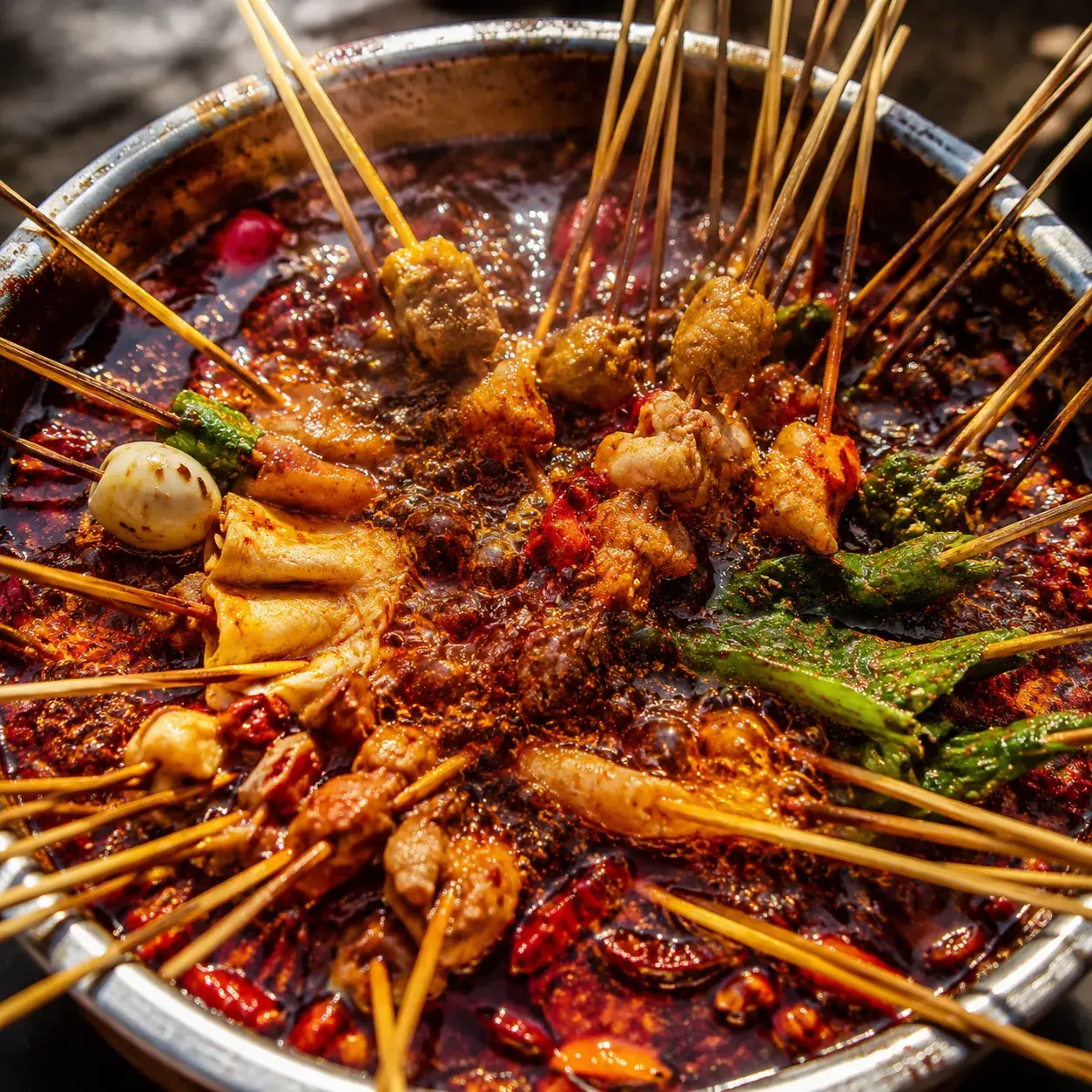 Chuan Chuan — Spicy, numbing Sichuan peppercorn heat. Each skewer soaks up