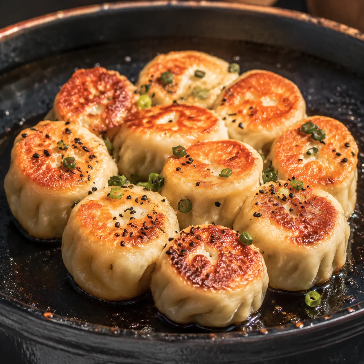 Shengjian Bao — Pan-fried bottom is crispy golden, top is soft and fluffy. I