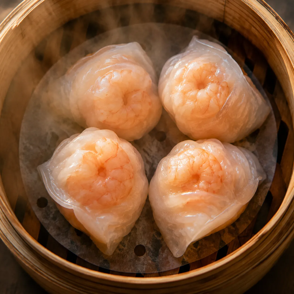 Har Gow (Shrimp Dumplings) — Translucent, slightly chewy wrapper revealing whole shrimp w
