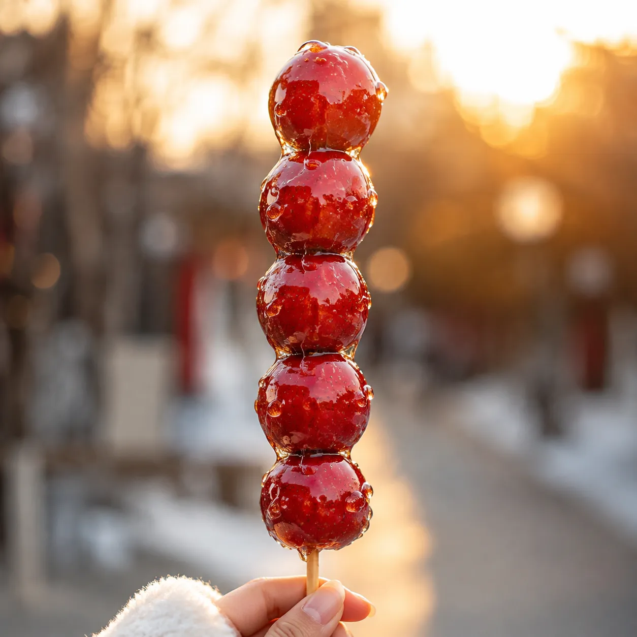 Tanghulu — Sweet hard candy shell giving way to tart fruit. The classic
